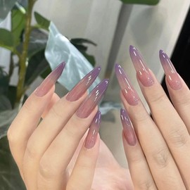MERVF Long Stiletto Press on Nails Fake Nails Purple Ombre French Tip Glue on Nails Lavender Solid Color Press ons Almond Deep Color Acrylic False Nails Glossy 24pcs