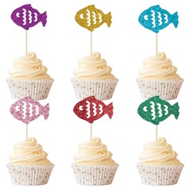 12 PCS Fish Cupcake Toppers (6 Colors) - Underwater Theme Decor for Baby Showers, Pool & Beach Parties