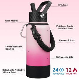 BJPKPK 32oz Insulated Water Bottles with 3 Lids, Paracord Handle & Non-slip Boot, Stainless Steel Metal Water Bottle,Reusable BPA Free Thermos, Tumblers, Cherry