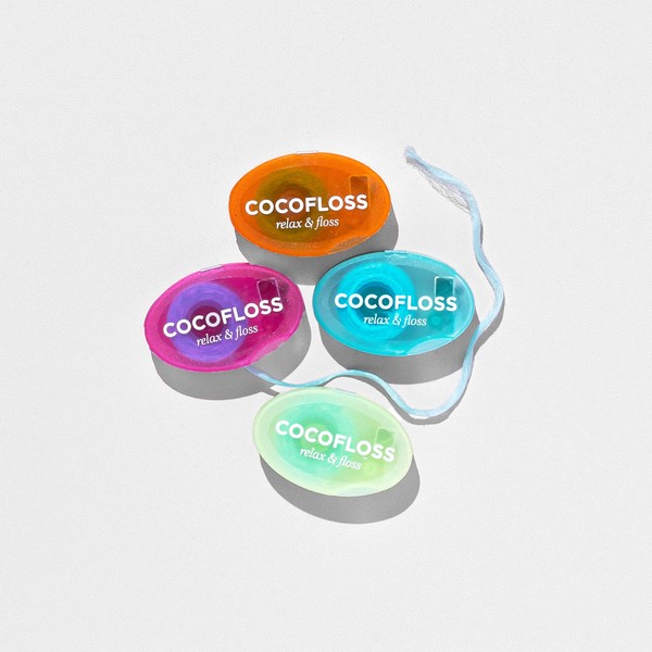 Cocofloss Woven Dental Floss, Travel Sampler, Dentist-Designed Oral Care with Coconut Oil, Waxed, Vegan, Kid-Friendly, 4-Pack Minis, Mint, Coconut, Orange, Strawberry (8 yd Each)