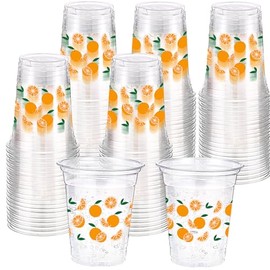 Funnymoom 60 Pcs Little Cutie Disposable Plastic Cups 16 oz Orange Floral Pattern Cold Beverage Drinking Cup Bulk Fruit Theme Cup for Baby Shower Wedding Birthday Holiday Party Supplies