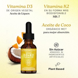 SEREMONY - Vitamina D3 + K2 Con MCT Oil - Aceite de Coco Orgánico - Liposomal -400 IU por gota - 600 porciones - 30 ml - Líquido en Gotas - Suplementos Alimenticios - Sin Azúcar - Sabor Naranja - Plant Based