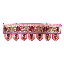 Indian Handmade Traditional Embroidered Toran Cotton Thoranam Door Living Room Decor Bandanwar Home Valance Decorations Window Hanging Hippie Bohemian Wall Ethnic Decorative Vintage, Flower 2, L- 42 inch, H- 12 inch