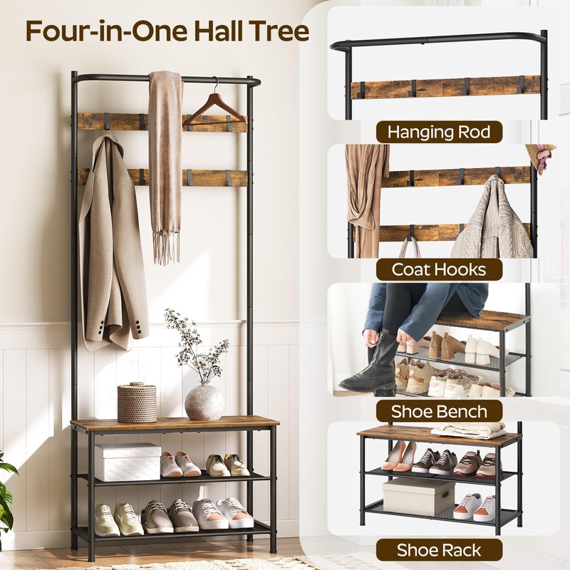 YATINEY Hall Tree, Coat Rack with Shoe Bench, 4-in-1 Entryway