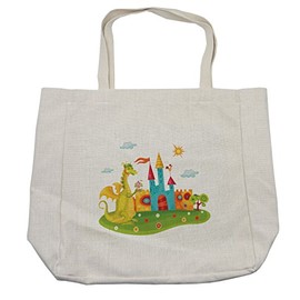 Lunarable Fantasy Shopping Bag, Dragon by the Palace Floral Meadow Dreamy Creature Playroom Theme Illustration, Eco-Friendly Reusable Bag for Groceries Beach and More, 15.5" X 14.5", Multicolor