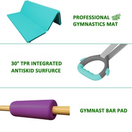 kechery Foldable & Moveable Gymnastics Horizontal Bar with Rings,3’to 5’Adjustable Height Expandable Junior Kip Bar for Home,Indoor Gym Equipment for Kids (MAT-Teal with Rings)