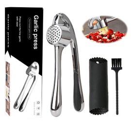 Knoblauchpresse Edelstahl, 3 Stück Garlic Press Set - Hochwertiger Knoblauch Zerkleinerer Mit Schäler & Reinigungsbürste,Praktische Knoblauch-Presse,Profi Garlic Press Crusher