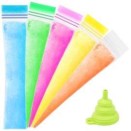 400 Disposable Popsicle Mold Bags, Double Zip Seals, BPA-Free, Thicken, 1 Silicone Funnel, Freezer Pop Bags for DIY Ice Pop, Yogurt Tubes, Fruit Popsicle, Freeze Molds (5 Colors)