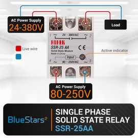 BlueStars Solid State Relay SSR-25AA AC to AC Input 80-250VAC to Output 24-380VAC 25A Single Phase Semi-Conductor Relay Module - Control 80-250V AC Load 24-380V AC