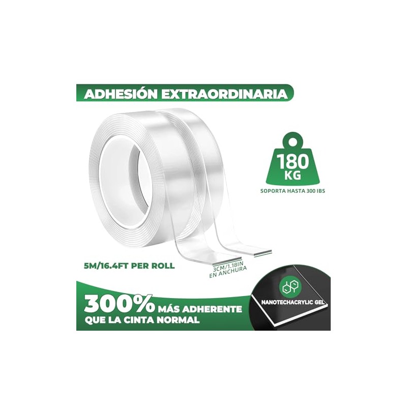 Cinta Doble Cara Extrafuerte,2 Rollos 5M Nano Tape Reutilizable,Impermeable