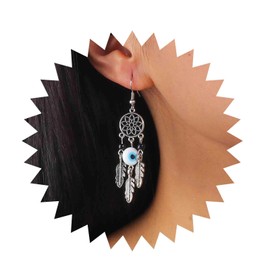 Inilbran Boho Evil Eye Earrings Silver Dream Catcher Drop Earrings Vintage Leaf Feather Dangle Earrings Blue Evil Eye Earrings Jewellery for Women and Girls, Zinc, No Gemstone