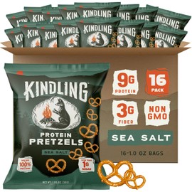 Kindling Protein Pretzels - Sea Salt | Protein-Packed Snack Size Bags | Kosher | 8-9g Protein Per Serving | Only 1-2g of Total Sugar | No Artificial Flavors, Soy-Free | Lunches, Office Snacks, & On-the-Go | 16-Count (1.06oz Bags)