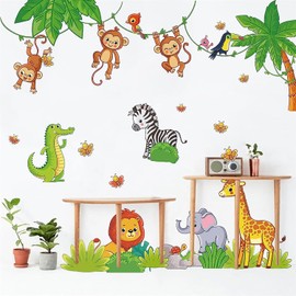 Paquete de 2 Pegatinas Decorativas para Pared, Calcomanías de Pared de Dibujos Animados de Animales de La Selva, Mono, Elefante, Jirafa, león, Niña, Niño, Recámara, Cuarto, Decoración de Pared