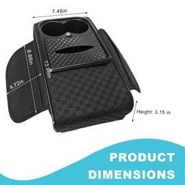 Car Center Console Cover, Ergonomic Leather Armrest Box Cushion with 3.1 Inch Height Boost, Soft Middle Console Pad with Cup Holder & 2 Storage Pockets for Sedan SUV Truck
