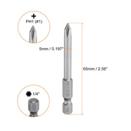 HARFINGTON #1 Phillips Screwdriver Bit PH1 1/4" Hex Shank 2.56" (65mm) Long Magnetic S2 Steel Industrial Grade Screw Driver Bit Cross Head Electric Drill Bits 0.197" (5mm) Rod