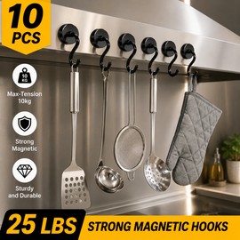 10 Pack Magnetic Hooks, 25LB Strong Heavy Duty Black Magnet S Hooks for Cruise Cabin, Kitchen, Garage, Grill & Workplace