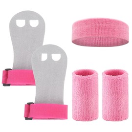 Oiieco 5PCS Gymnastics Grips with Wristbands Headband, Palm Protection Hand Grips for Gymnastic Bar,Kids/Youth Gym Equipment Set (Pink)