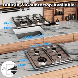 Gveyajo Gas Cooktop 4 Burner, 23 Inch Stainless Steel Gas Stove Top for NG/LPG, Built-in Propane Stove with Electronic Pulse Ignition, 27400BTU, Outdoor & Indoor Use