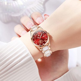 OLEVS Rose Gold Women Watches Elegant Dress Ceramic Watch Fashion Diamond Red Dial Ladies Watch 3ATM Waterproof Luminous Valentine's Day Present