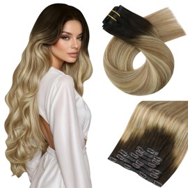 Moresoo Seamless Clip in Hair Extensions Human Hair Balayage Green Brown to Light Brown with Medium Blonde Hair Extensions for Women Clip in Short 120g/7pcs 14 inch