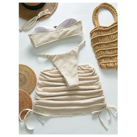 SHENHE Women's 3 Piece Bikini Sets Strapless Metal Ring Thong Bandeau Swimsuit with Cover Up Apricot Medium