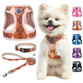 SCENEREAL Dog Harness Collar and Leash Set, Step-in No Pull Pet Vest Harnesses for Small Medium Dogs Puppy Cats, Soft Mesh No-Chock Reflective Vest Harness for Outdoor Walking Running, Brown Plaid M