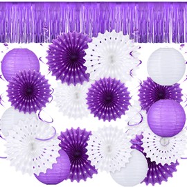 SmoothNovelty 25 Pcs Purple Party Domestic Violence Awareness ADD Party Decoration Purple Ribbon Paper Lanterns Paper Fans Foil Metallic Fringe Hanging Swirls for Public Charity Event Decor Supply