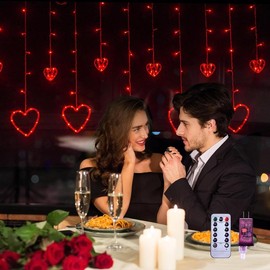 Valentines Day Connectable Red Heart-Shaped 138 LEDs String Lights Plug-in with Remote, 8 Flashing Modes, and Timer Function Decor Decoration Curtain Set Ornaments