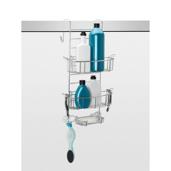 Zenna Home Hanging Shower Caddy, Over the Door, Rust Resistant, with 2 Storage Baskets, Soap Dish, Razor Holders and Hooks, Bathroom or Kitchen Shelf Organizer, No Drilling, Stainless Steel