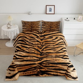 3D Tiger Skin Comforter Set Wild Africa Animals Bedding Set Queen Size Kids Teens Men Adult Home Room Decor Abstract Black Brown Stripes Quilt Set Romantic Vintage Duvet Insert,2 Pillowcases