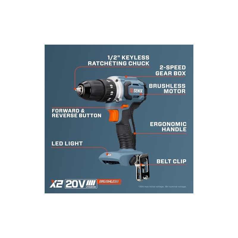 SENIX 20V Max 1/2-Inch Brushless Drill Driver, 45 ft-lbs Torque,
