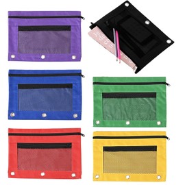 Kakalote - Estuche para lápices para carpetas de 3 anillos, 6 unidades, bolsa para lápices con cierre de doble bolsillo, con ventana transparente y 3 ojales reforzados, 6 colores