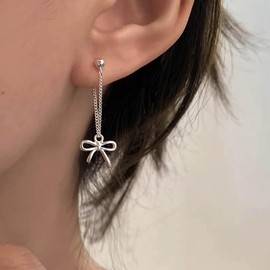 Cimenexe Bohemian Bow Tie Jacket Earrings Bow Tassel Chain Dangle Earrings Silver Hollow Bow Tie Drop Earrings Long Bow Tie Tassel Earrings Jewellery for Women, Zinc, No Gemstone