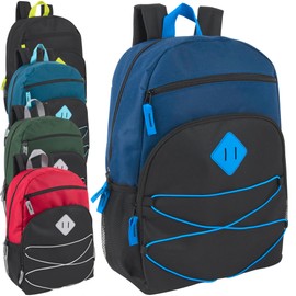 Adventure Trails 24 Pack Bulk Backpacks Wholesale for Homeless Men, Women, Donation | 17 Inch Dual Compartment Bungee Backpacks with Pockets (Dark Colors Pack)