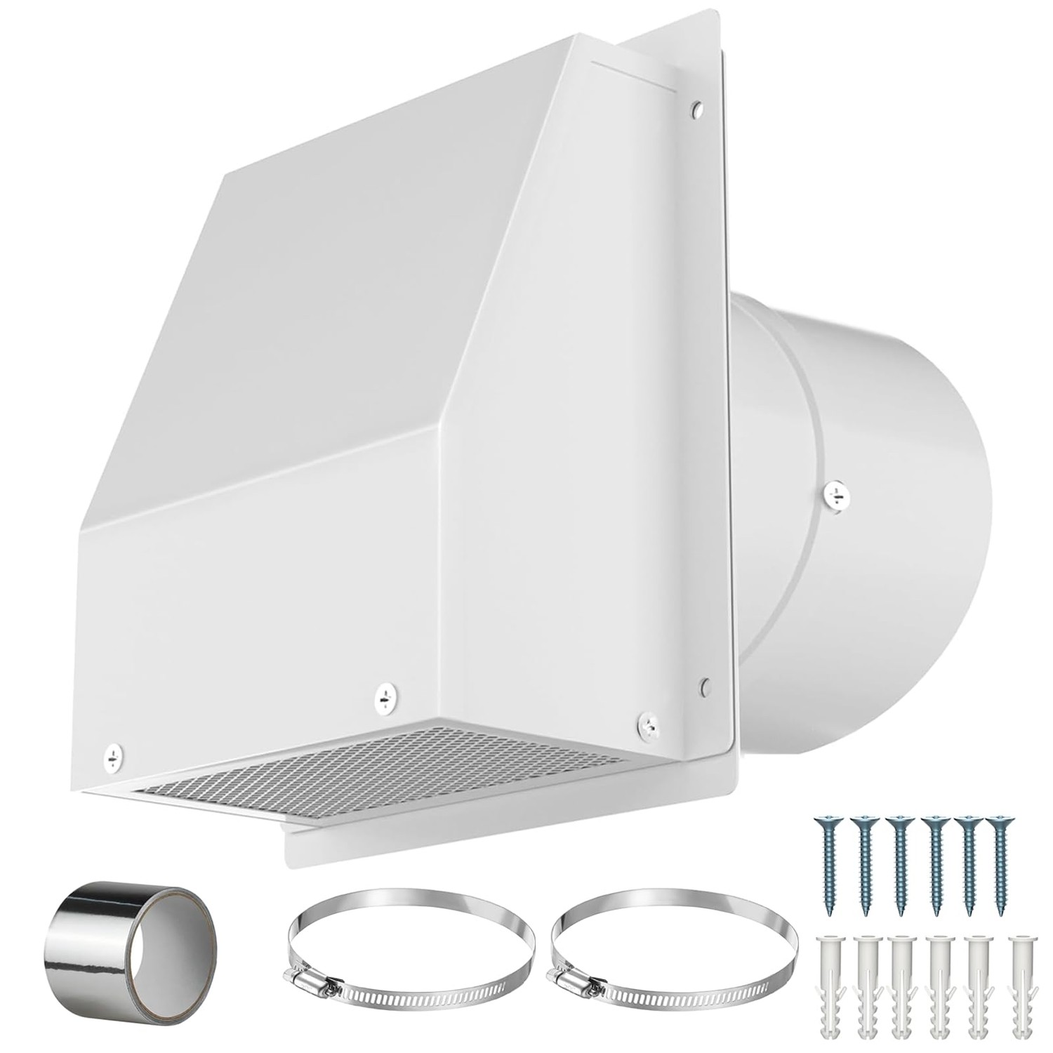 8" Galvanized Steel Hooded Wall Vent Cover – Outdoor Exhaust Cap With Screen & Spring-Loaded Damper For Dryer, Bathroom Fan, Range Hood & HVAC Ducts