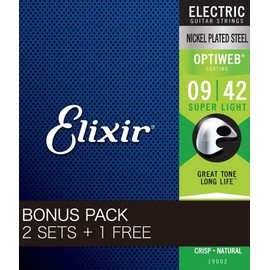 Elixir Electric Guitar Strings, 2 Sets + 1 Bonus Pack, OPTIWEB Super Light .009-.042#19002 BonusPack (2+1FREE)