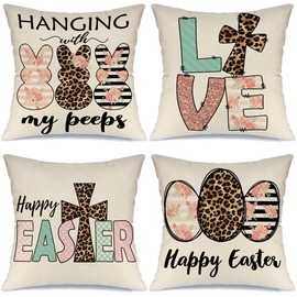 MODOVOS Bunny Eggs Peeps Easter Pillow Covers 18x18 Set of 4 Farmhouse Easter Decorations Happy Easter Flowers Spring Throw Cushion Case for Home Sofa Couch