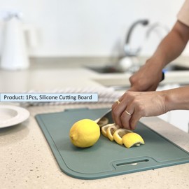 cozymomdeco Korean Made Thick Silicone Double-Sided Usable Cutting Board 14.3" x 9.7" Foldable Design Drip Groove Grip Handle Dishwasher Safe 1PCS Gift for Mom (Mint)