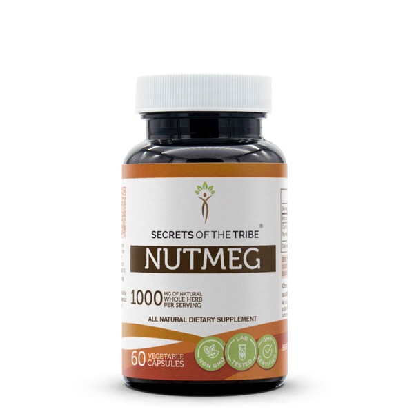 Secrets of the Tribe Nutmeg 60 Capsules, 1000 mg, Nutmeg (Rou Dou Kou, Myristica Fragrans) Dried Nut (60 Capsules)