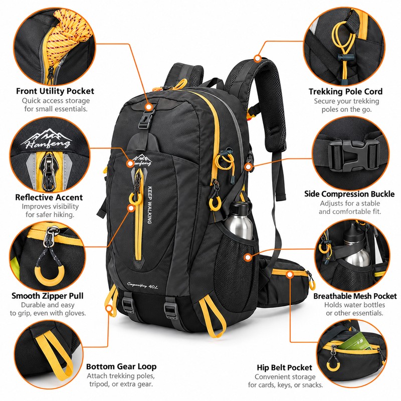 40L Hiking and Travel Backpack, Black