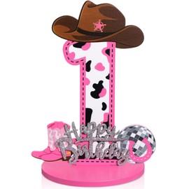MiniInflat Western Cowgirl Birthday Number Sign Centerpiece for Girls Cowgirl Number Wooden Table Decoration Western Disco Party Supplies for Glitter Silver Pink Birthday Anniversary (Number 1)