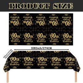 YTUGCG 60th Birthday Table Cloth, 137x274cm Black and Gold 60th Birthday Party Table Decoration, Plastic Disposable Waterproof Rectangular Table Cover for Women, Birthday Gifts Party Table Decoration