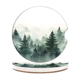 Misty Green Forest Car Coasters 2 Pack for Cup Holders, 2.56 Inch Ceramic and Absorbent Non-Slip Cork Base with A Finger Notch for Women & Men