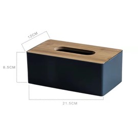 Tissue Box with Bamboo Wood Lid, Rectangular Tissue Dispenser Box, Plastic Tissue Box for Bathroom, Car, Office, 21.5x12x8.5cm (Grey)