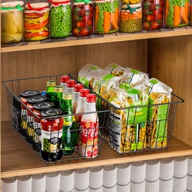 SANNO Metal Wire Storage Baskets, Farmhouse Baskets Large Refrigerator Freezer Storage Metal Basket Pantry Organizer Storage Bin Baskets Kitchen Cabinets Black