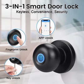 KNOBWELL Smart Door Knob, Fingerprint Door Lock Smart Lock Biometric Door Lock Fingerprint Door knob with App Control, Black Keyless Entry Door Lock for Bedroom, Apartment, Office and Garages