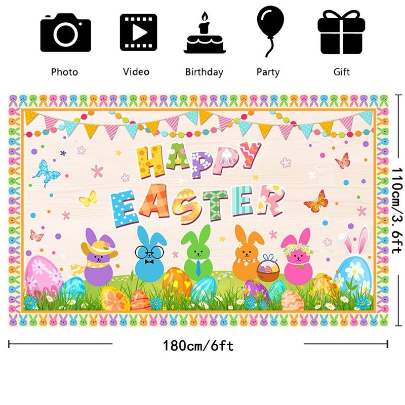 6x3.6ft Happy Easter Banner Cute Easter Bunny Style Backdrop for