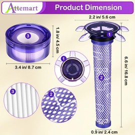 Attemart V8 Plus Filter Replacement Compatible with Dyson V7 Advanced, V8Origin+, SV25, SV37 Cordless Vacuum, V8 Car+Boat Handheld Vacuum, 2 Post+2 Star Pre-motor Filters, Replace to Part #965661-05