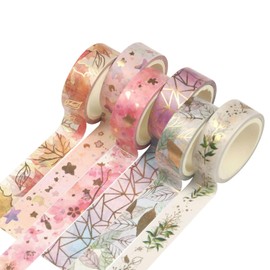 6 Rollos de Cinta Washi Set Floral Foil Dorado Masking Hojas Plantas Flor Decorativa Adhesiva Pegatina para Manualidades DIY Diarios Planificadores Scrapbooking Envoltura Tarjetas