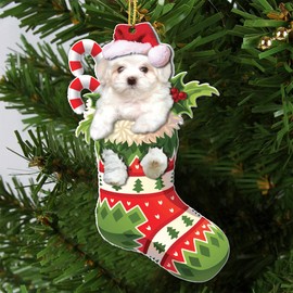 Maltese Dog Christmas Flat Acrylic Ornament – Cute Maltese Puppy in Holiday Stocking, Festive Tree Decoration - 2024 Maltese Dog Christmas Tree Hanging Ornament - Adorable Dog Dressed As A Sock